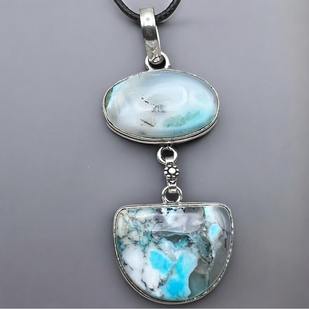 New Blue Enhanced Dendritic Opal Stone Silver Overlay Pendant Necklace w Cord